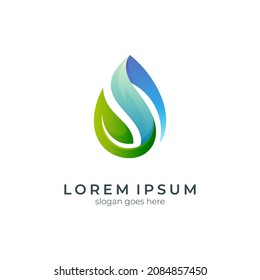 water logo template with leaf in gradient blue and green