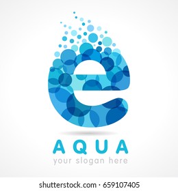 Water logo. Vector blue aqua splash with drops. Company branding identity for hotels, tourist business, spa, beach service, healthcare, holidays, resorts. Blue letter E.