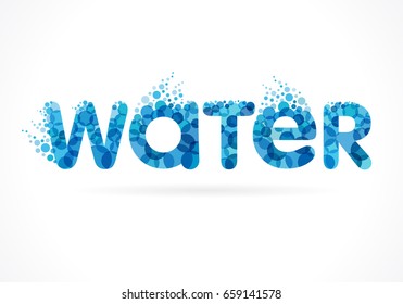 Water logo vector text creative blue aqua splash with drops. Company branding identity for hotels, tourist business, spa, beach service, healthcare, holidays, resorts. Blue letters W, A, T, E, R.