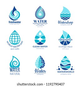 Water logos. Aqua water drops and splashes silhouette health rain spa vector symbols isolated with place for your text. Illustration of drop logo, droplet aqua emblem