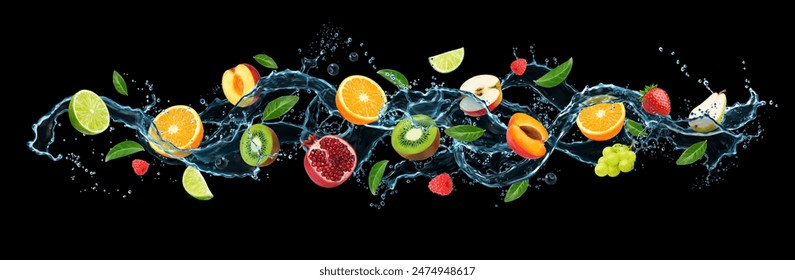 Water long wave flow splash with fruits and leaves on realistic vector background. Fruit juice or lemonade and soda drink spill flow with orange citrus, apple, grape and raspberry in water wave splash