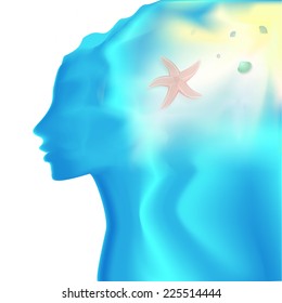 water looks like girl profile with shells and starfish, vector