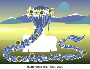Water Maiden with a long braid and water lilies on a background of the river landscape with mountains and the moon.