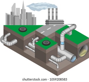 Water Main System. Urban Underground Communications, Waterpipe Isometric Scheme. Vector Illustration