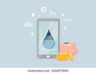 Water management app in flat style. Financial savings concept. Smartphone water tracking app with droplet graph, piggy bank and coins. Water conservation concept. Vector illustration