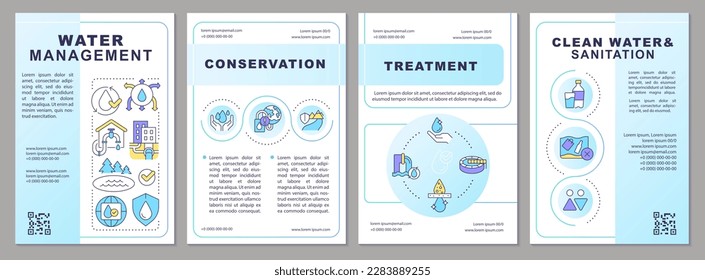 Water management blue gradient brochure template. Liquid sources. Leaflet design with linear icons. 4 vector layouts for presentation, annual reports. Arial, Myriad Pro-Regular fonts used