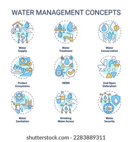 Water management concept icons set. Natural resources consumption planning idea thin line color illustrations. Isolated symbols. Editable stroke. Roboto-Medium, Myriad Pro-Bold fonts used