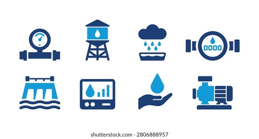 Water Management Icons Vector Set – Flat Water Supply, Water Tank, Rainwater, Water Meter, Dam, Monitoring, Pump and Utilities Icons
