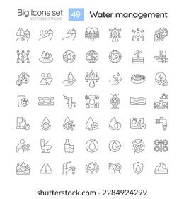 Juego de iconos lineales de administración de agua. Protección de fuentes de agua fresca. Consumo y tratamiento efectivos. Símbolos de línea delgada personalizables. Ilustraciones aisladas del contorno vectorial. Trazo editable