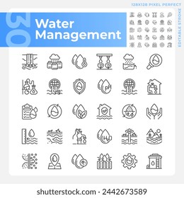 Water management linear icons set. Water industry. Groundwater. Water conservation. Customizable thin line symbols. Isolated vector outline illustrations. Editable stroke. Pixel perfect