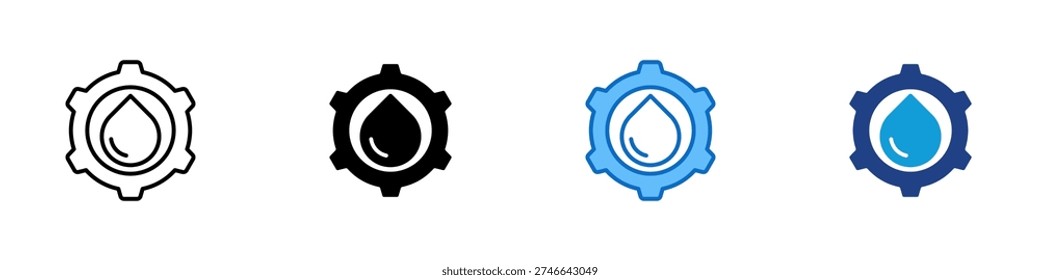 Water Management Multiple Style Icon Design Vector - Gear with water droplet representing water management, resource optimization, and environmental regulation