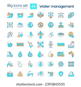 Water management RGB color icons set. Fresh aqua sources protection. Effective consumption and treatment. Isolated vector illustrations. Simple filled line drawings collection. Editable stroke