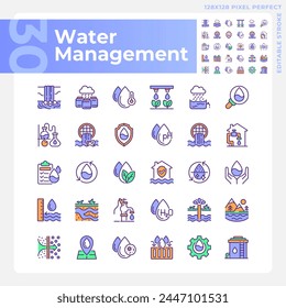 Conjunto de iconos de color RGB de gestión de agua. Industria del agua. Agua subterránea. Conservación del agua. Ilustraciones vectoriales aisladas. Colección de planos de líneas rellenas simples. Trazo editable. Píxel perfecto