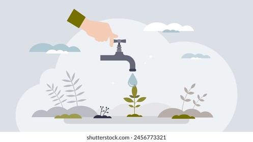 Water management and save natural resources tiny person hands concept. Clean and drinkable tap water after purification and filtering for drinking vector illustration. Aqua preservation and reusage.