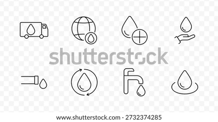 Water management set icon. Outlined icons include truck, globe, drop, hand, faucet, hose, splash, and recycling arrows focusing on water delivery, conservation, and sustainability.