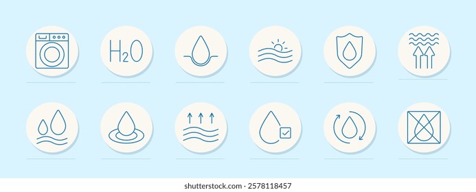 Water management set icon. Washing machine, H2O, drop, waves, protection, filtration, humidity, condensation, quality check, recycling, drying