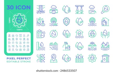 Water management two color line icons set. Water industry. Groundwater. Rainwater collection. Water conservation bicolor outline iconset isolated. Duotone pictograms thin linear. Editable stroke