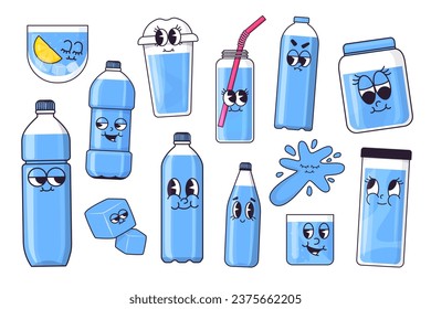 Water mascot. Cartoon drink water concept with eco friendly water bottle characters, zero waste water jug, detox natural beverage, healthy drink. Vector set of character bottle with lemon illustration