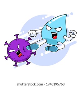 Water mascot character kicking corona virus, fight against virus concept