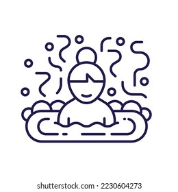 Water massage therapy scene with man or woman in jacuzzi bath with bubbles. Mud bath icon with person at spa tub.