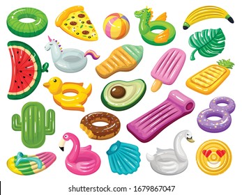 Icono de conjunto de dibujos animados vectoriales de colchón de agua. Ilustración vectorial de los equipos de natación inflables sobre fondo blanco. Dibujo aislado que pone un icono de colchón de agua.