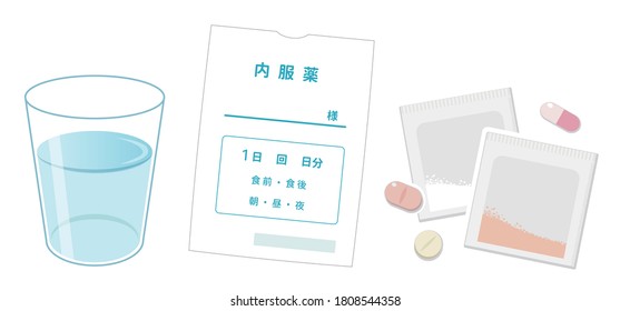 Water, medicine bag, medicine Image Illustration. It says "Internal medicine and notes on when to take." in Japanese.