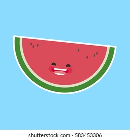 water melon with cute face. Illustration funny and healthy food cartoon. Blue background. Citrullus lanatus
