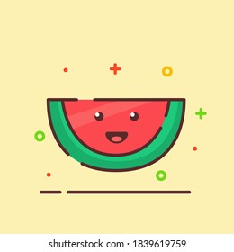 Water melon cute mascot face emotion happy fruit with color flat cartoon outline style