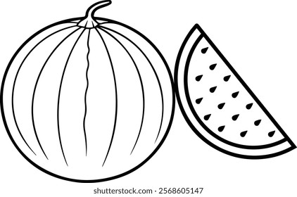 Water melon fruit outline coloring book page and digital line art