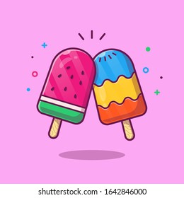 Water Melon And Ice Cream Stick Vector Icon Illustration. Summer Food And Drink. Holiday Icon Concept White Isolated. Flat Cartoon Style Suitable for Web Landing Page, Banner, Flyer, Sticker, Card