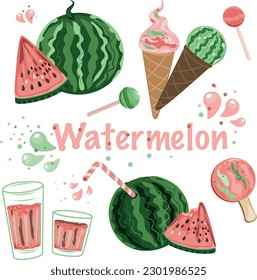 Conjunto de melones de agua. Melón de agua, helado, limonada. Conjunto de iconos.