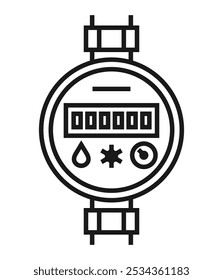 Contador de água - equipamento para medir o uso de água, usado por unidades de edifícios residenciais e comerciais. Ilustração isolada de vetor em linha de negrito