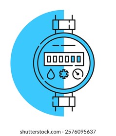 Water meter - equipment for measuring water use, used by residential and commercial building units. Isolated vector illustration in thin line with blue background