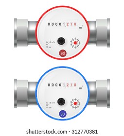 Water Meter. Hot and Cold water counter. Vector isolated on white.