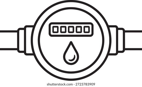 El icono del medidor de agua ilustra el monitoreo del uso de sistemas de plomería residenciales o comerciales que indican la medición del volumen de fluido a través de una pantalla lineal simple y un gráfico de gotas esencial.