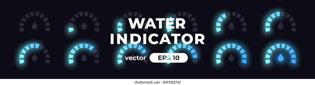 Water meter. Water level indicator. Loading circle with percentage. Gauge concept with blue drop. Animation. UI, User interface. Minimalistic 3d template. Realistic modern design. Vector illustration.