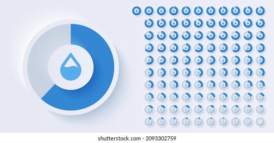 Water Meter. Water Level Indicator. Loading Circle With Percentage. Gauge Concept With Blue Drop. Animation. UI, User Interface. Minimalistic 3d Template. Realistic Modern Design. Vector Illustration.