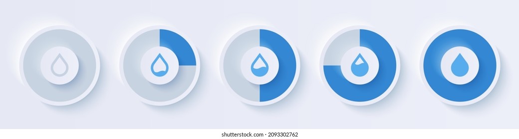 Water meter. Water level indicator. Loading circle with percentage. Gauge concept with blue drop. Animation. UI, User interface. Minimalistic 3d template. Realistic modern design. Vector illustration.