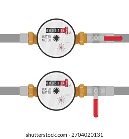 Water meter with open and closed valve positions. Vector illustration for water management industry resources, educational materials, plumbing tutorials and technical documentation