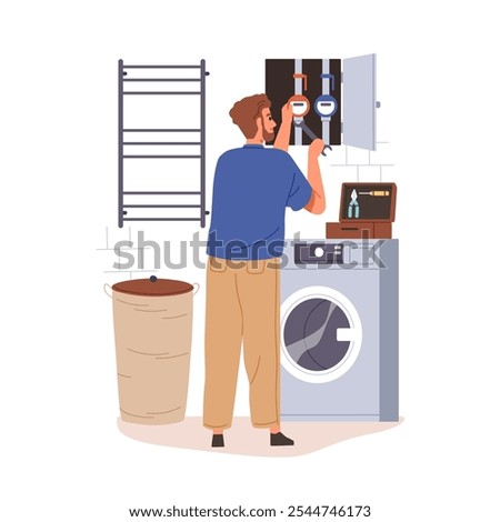 Water meter repair. Plumber repairman fixing, installing plumbing equipment, setting utility, adjusting pipes in bathroom, laundry room. Flat vector illustration isolated on white background