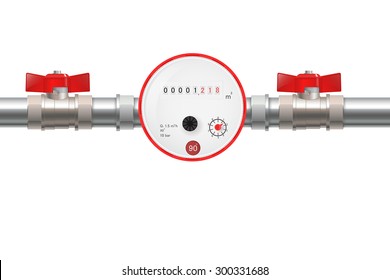 Water Meter with Water valve. Hot water counter. Vector illustration isolated on white background