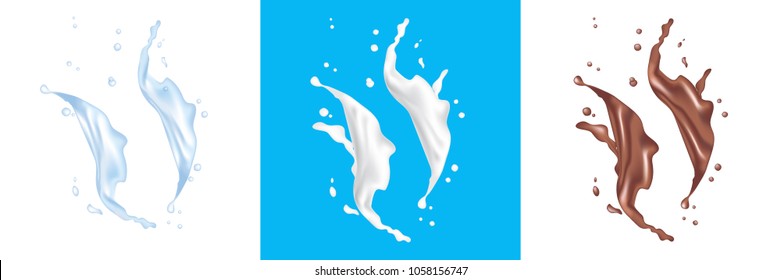 Water, milk, chocolate splash set. Product package design element. EPS10 Vector