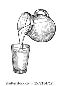 Wasser, Milch oder Saft werden aus einem Saft in ein Glas gegossen. Handgezeichnete Illustration in Vektorillustration umgewandelt