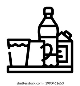 water and milk, tea and juice drinks on tray line icon vector. water and milk, tea and juice drinks on tray sign. isolated contour symbol black illustration