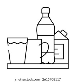 water and milk, tea and juice drinks on tray line icon vector. water and milk, tea and juice drinks on tray sign. isolated contour symbol black illustration