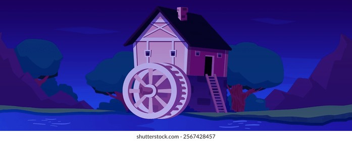 Water mill among the mountains and trees at night. Vintage stone and wooden house with wheel to grind flour using hydropower of river stream. Cartoon countryside building in nature vector illustration