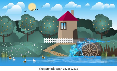 a water mill with apple trees by the lake, where ducks swim, is located on hills with flowers against the background of a forest, sky with the sun, clouds, silhouettes of flying birds. vector