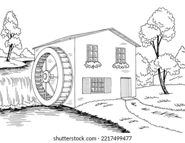 Water mill graphic black white landscape illustration vector 