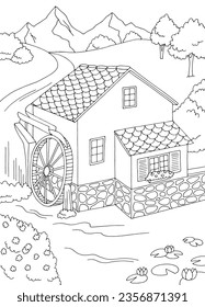 Water mill graphic black white landscape vertical sketch illustration vector 