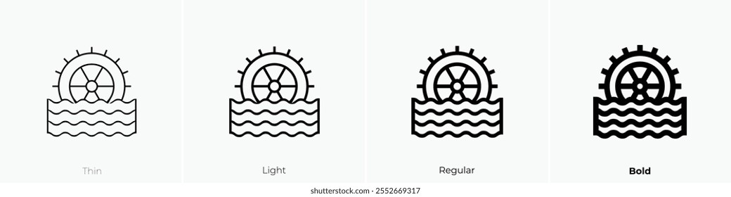 Icono de molino de agua. Diseño de estilo delgado, ligero, regular y audaz aislado sobre fondo blanco